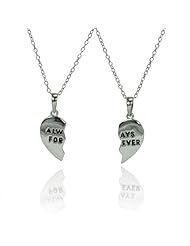 Rhodium Plated High Polish 925 Sterling Silver "Always Forever" Inscription Heart Charm 2 Piece Necklace Set with 17"-18" Adjustable Link Chain