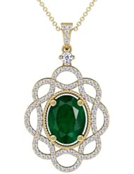 18K Yellow Gold Oval Cut Emerald And Round Diamond Pendant