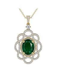 14K Yellow Gold Oval Cut Emerald And Round Diamond Pendant