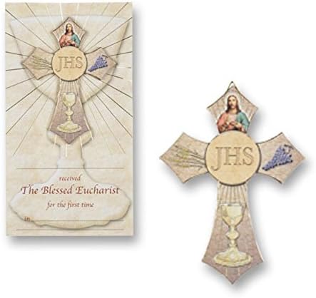 Wooden Wall Cross from Italy. Embossed Gold Stamping Over Deluxe Full Color Printing. Sterling Silver Patron Saint Medal Round St. George with 20" Chain in Gift Box Communion Cross with Certificate