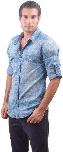 RNT23 JEANS Men's Chambray Paisley Shirt M BLUE