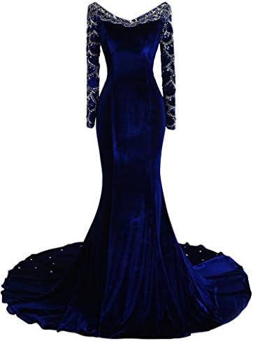 DressCustom Women's Luxury Beaded Long Sleeves Velvet Mermaid Evening Dresses Formal D27 (Blue,22)