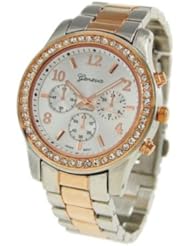 Geneva Womens Designer Inspired Chronograph Style Rhinestone Bezel Two Tone Watch in Silver and Rose Gold Tone