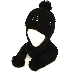 Winter Handmade Hand Knit Trooper Trapper with Scarf Winter Ski Pom Pom Hat Black