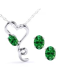 3.20 Ct Created Emerald .925 Sterling Silver Heart Pendant Earrings Set 18"