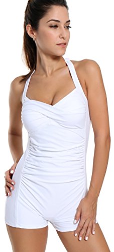 Kathlena Goddess Retro Inspired Boy-Leg One Piece Ruched Monokinis Swimsuit(FBA)