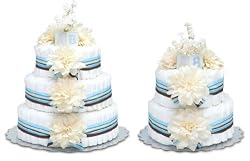 Diaper Cake - Cream Dahlias W/blue Stripes