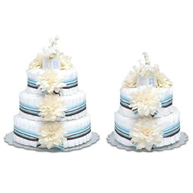 Diaper Cake - Cream Dahlias W/blue Stripes