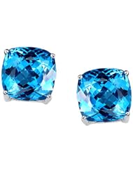 Tommaso Design (tm) 7mm Cushion Cut Genuine Blue Topaz Earring Studs in 14 kt White Gold