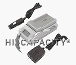 Ultra fast digital camera battery charger with AC adapter and DC adapter. Can be used from wall plug or cigarette lighter.