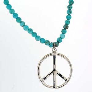 Sterling Silver Peace Sign on Turquoise Beaded Necklace 16+2" Extender