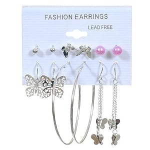 Butterfly Pastel Pearl Rhinestone Polished Silver Fashion Earrings - Set of 6 Pairs (Assorted...