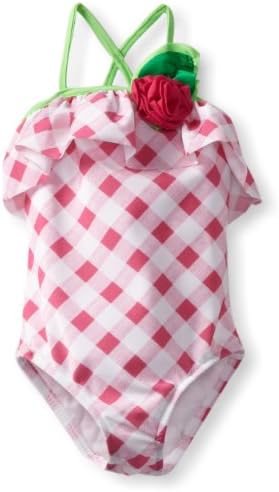 Love U Lots Little Girls'  1 Piece Swimsuit Gingham Check With Rose And Ruffle, Pink/White, 2t