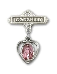 Sterling Silver Baby Badge with Blue Heart/Miraculous Charm and Godchild Badge Pin