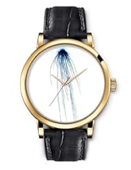SPRAWL Aanalog Fashion Series Gold Ladies Watches of Genuine Black Leather Strap,Unique Wrist Watch for Women Girls Designed with Simulation of a blue jellyfish
