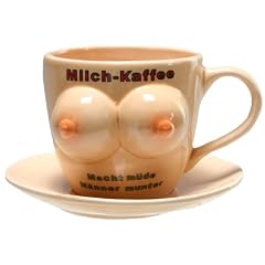Jumbo-Tasse mit Busen, Spruch uund Unterteller