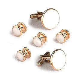 Giorgio Bissoni Round White Stone with Gold Trim Cufflink and Stud set