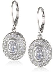 Sterling Silver Simulated Diamond Textured Oval Lever Back Drop Earrings