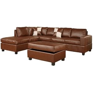 Bobkona Soft-touch 3-pcs Sectional Set (Sofa, Loveset and Ottoman with Storage) Bounded Leather Match in Brown Color - F7353