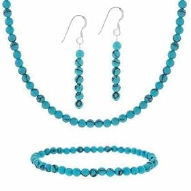 Sterling Silver 4mm Reconstituted Turquoise Stone Bead Beaded Dangle Hook Earrings Stretch Bracelet Necklace 15-19" Jewelry Set