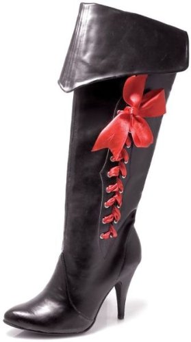 4 Inch Heel Pirate Boot Women'S Size Shoe With 3 Ribbons And Foldover (Black PU;9) On Sale