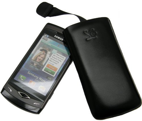 Suncase Ledertasche (Lasche mit Rückzugfunktion) für Samsung GT S8500 Wave schwarz