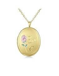 Locket Style Oval Shaped Pendant Necklace W/ Love and Flower Design For Women 14K Yellow Gold Verme