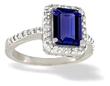14K White Gold Emerald-cut Created Sapphire and Diamond Ring