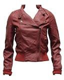 Ladies Burgundy Synthetic Leather Biker Jacket Angled Zipper