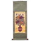 Peony Flower in Red Vase Silk Scroll Hanging Wall Art Interior Decor Handmade Asian Oriental Print Korean Folk Painting