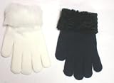 Set of Two Black and White One Size Magic Stretch Gloves Trimmed with Fur Cuffs for Toddlers Ages 1-5 Years