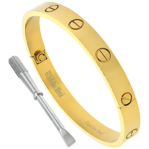 Stainless Steel Screw Head Bangle Bracelet for Women Oval Gold tone 7mm wide, fits 6.5 - 8 inch wrists