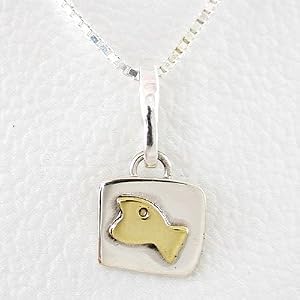 Small Square Fish Pendant in Sterling Silver and Brass on a 16" Box Chain, #8767