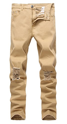 Men's Khaki Skinny Ripped Slim Fit Stretch Designed Destroyed Denim Jeans-31