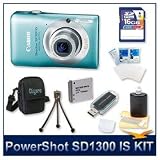 PowerShot SD1300 IS Digital ELPH Camera (Green) 4215B001, 12.1 Megapixel, 4x 28-112 mm Equivalent UA Zoom Lens, 2.7 LCD, DIGIC 4 Image Processor, 16 GB Memory Card, Reader, Case, Battery, Tripod, Lens Cleaner, Screen Protectors