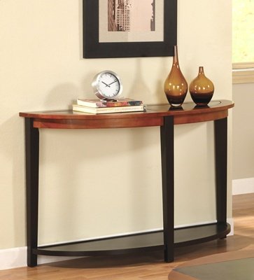 Anthony California Half Round Console Table with Black Glass Inlays Expresso / Walnut Finish - OCST471 Anthony California Half Round Console Table with Black Glass Inlays Expresso / Walnut Finish - OCST471