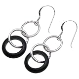 Sterling Silver and Black Enamel Loop Dangle Earrings .925 Stamp Hypoallergenic Nickel Free