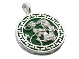 Green Jade Dragon's Fury Pendant with Greek Key Bezel, 925 Sterling Silver