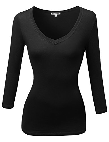 MBE Women's Classic Cotton-Blend 3/4 Sleeve V-neck Longsleeve Top