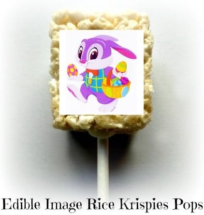 12 count HAPPY EASTER Bunny Rabbit Delivering Eggs Purple Rice Krispies Treat Pops 1 Dozen Edible Image Rice Krispy Party Favors Desserts Gifts Party Supplies on a stick &amp; Individually Wrapped