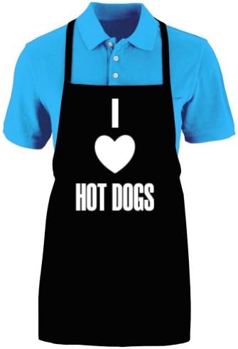 Funny "I LOVE HOT DOGS" Apron; One Size Fits Most - Medium Length Kitchen Aprons for Men, Women, Teen, & Kids (Unisex); Soft Cotton Polyester Mix with DuPont Teflon Fabric Protector. Great gift idea.