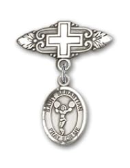 Sterling Silver Baby Badge with St. Sebastian/Cheerleading Charm and Badge Pin with Cross