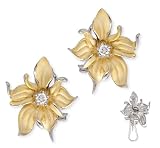 Satin Gold Vermeil Silver C.Z. Diamond Evening Flower Earrings (Nice Mother's Day Gift, Special Sale)