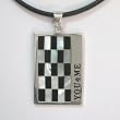 Large Interlock Mother of Pearl & Black Onyx Rectangular Silver Pendant w. Leather Chain Necklace 20"