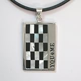 Large Interlock Mother of Pearl & Black Onyx Rectangular Silver Pendant w. Leather Chain Necklace 20"