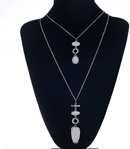 Omea Womens Double Layers Gemstone Long Pendant Necklace-Silver