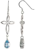 Sterling Silver Cross-shaped Celtic Fish Hook Dangle Earrings, w/ Pear Cut Natural Blue Topaz Stone, 2" (50mm) tall