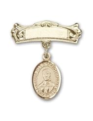 14K Gold Baby Badge with Blessed Pier Giorgio Frassati Charm and Arched Polished Badge Pin