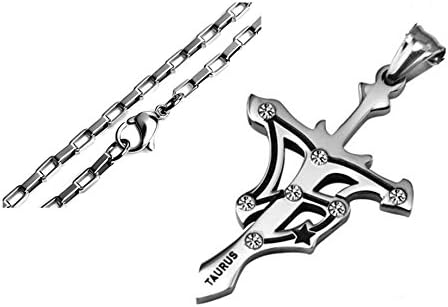 Taurus Stainless Steel Unique Sign Crosses Shape Fashion Pendant Necklace, Silver, 2.5 mm 24 inch Chain