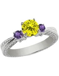1.00 Ct Round Canary Diamond Purple Amethyst 925 Sterling Silver 3-Stone Ring
